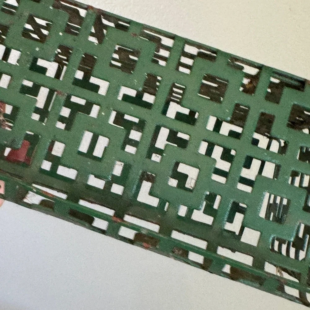 Vintage Green Metal Greek Key Fretwork Industrial Wire Basket Tray Organizer